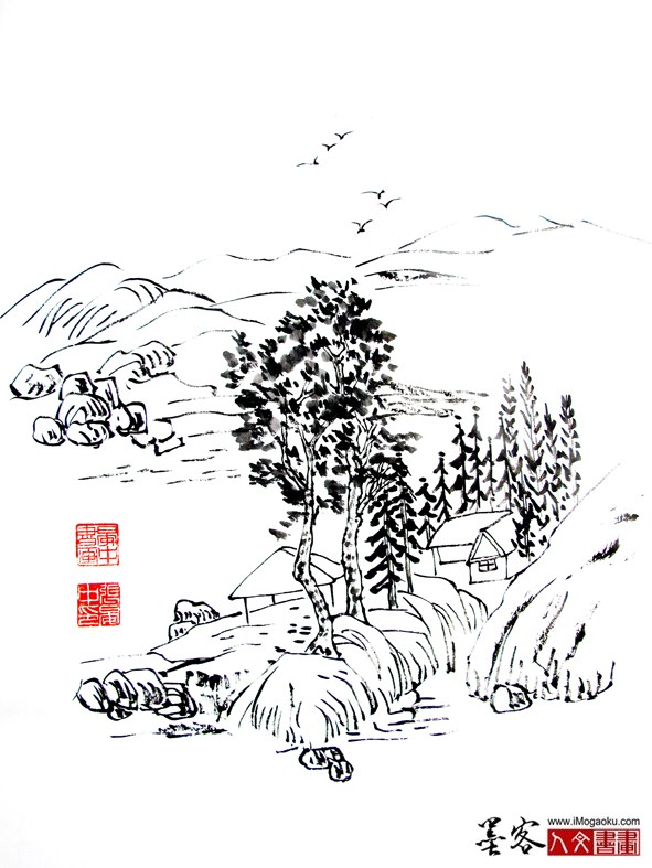 晏中手绘山水画墨稿2302W